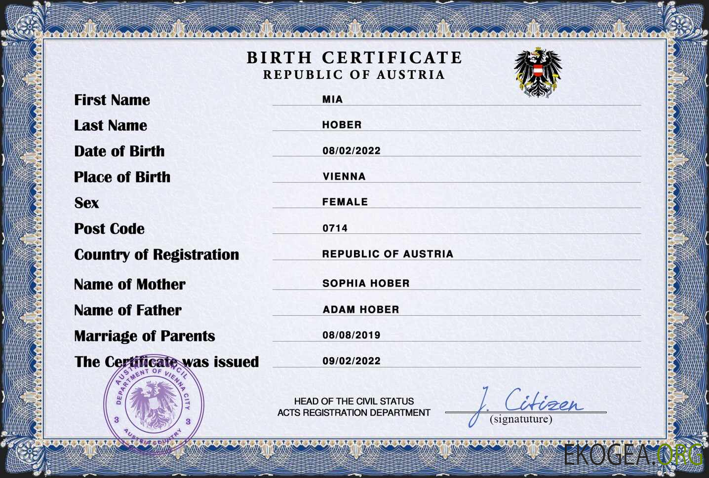 Modèle PSD d'acte de naissance d'acte d'état civil en Autriche,